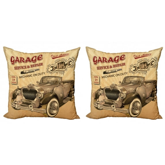 Ambesonne Vintage Throw Pillow Cover 2 Pack, Old Style Car Repair, 20", Sepia Red
