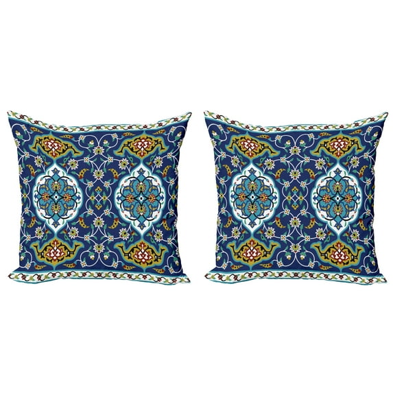 Ambesonne Vintage Throw Pillow Cover 2 Pack, Oriental Tile Effects, 18", Mustard Royal Blue