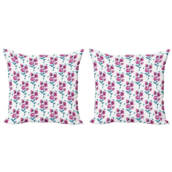 Ambesonne Vintage Throw Pillow Cover 2 Pack, Poppies Leaves Buds, 16", Fuchsia and Petrol Blue
