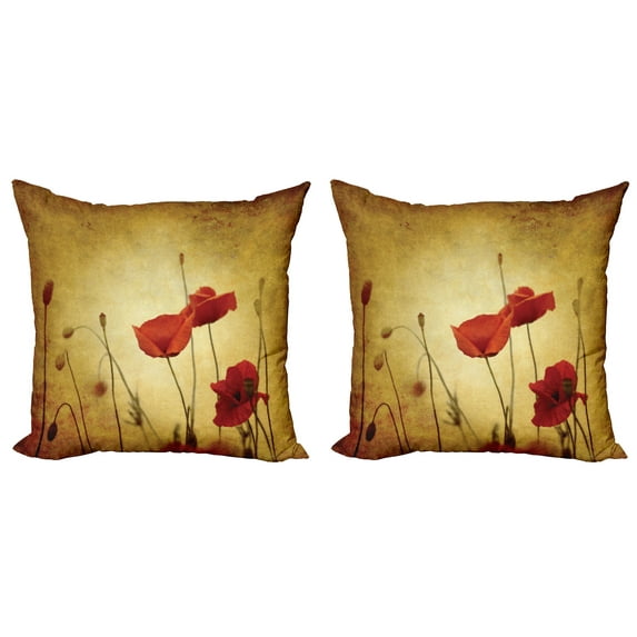 Ambesonne Vintage Throw Pillow Cover 2 Pack, Poppy Flowers Bohemian, 24", Pale Brown Vermilion