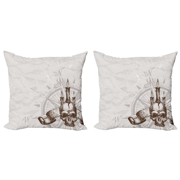Ambesonne Vintage Throw Pillow Cover 2 Pack, Priate Skull Compass, 20", Brown Pearl Grey