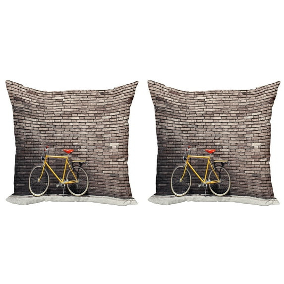 Ambesonne Vintage Throw Pillow Cover 2 Pack, Retro Bicycle on Wall, 18", Grey Yellow Red