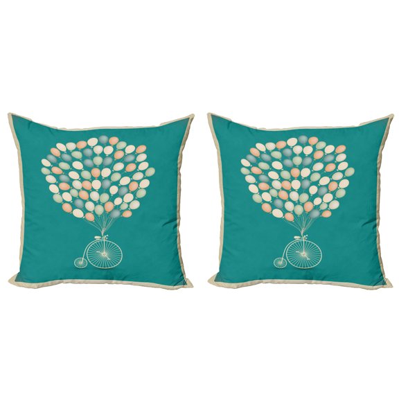Ambesonne Vintage Throw Pillow Cover 2 Pack, Retro Bike with Baloons, 24", Multicolor