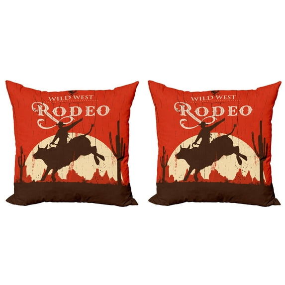 Ambesonne Vintage Throw Pillow Cover 2 Pack, Rodeo Cowboy Rides Bull, 16", Orange Brown