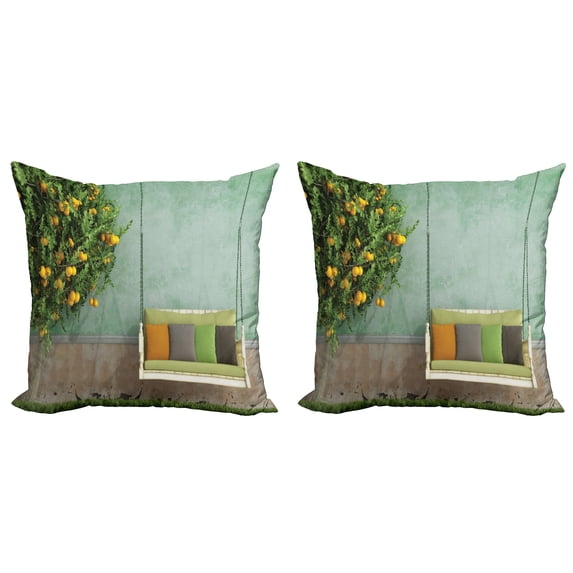 Ambesonne Vintage Throw Pillow Cover 2 Pack, Wooden Swing in Garden, 16", Yellow Green