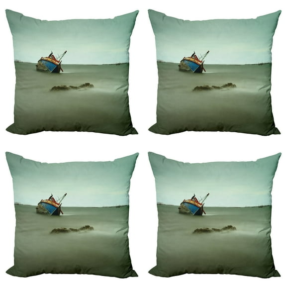 Ambesonne Vintage Throw Pillow Cover 4 Pack, Abandoned Fishing Boat, 16", Grey Blue
