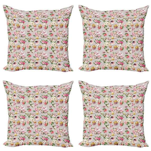 Ambesonne Vintage Throw Pillow Cover 4 Pack, Antique Retro Tea Set, 18", Pale Pink Hot Pink