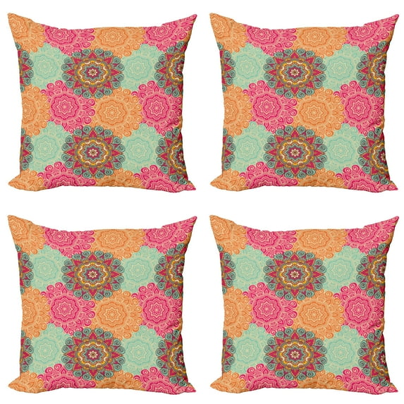 Ambesonne Vintage Throw Pillow Cover 4 Pack, Antique Tribal Mandala, 24", Fuchsia Orange