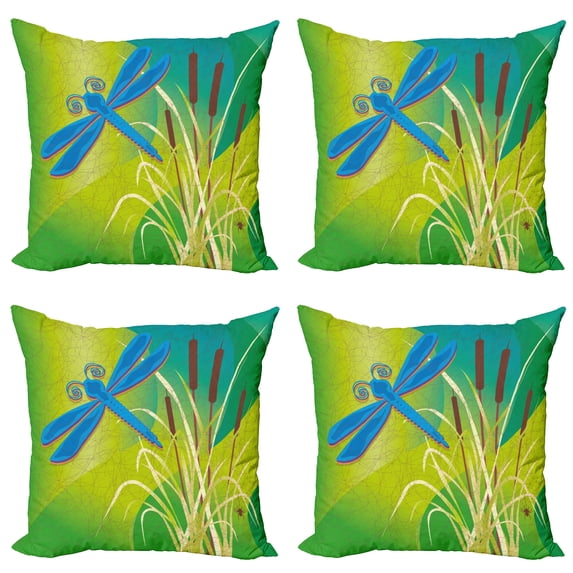 Ambesonne Vintage Throw Pillow Cover 4 Pack, Blue Dragonfly on Green, 24", Pale Green Brown