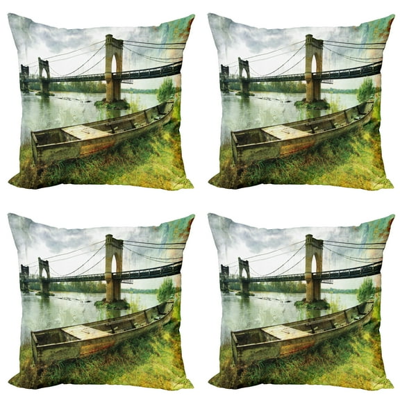 Ambesonne Vintage Throw Pillow Cover 4 Pack, Bridge and Old Boat, 20", Green Grey