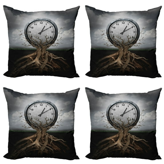 Ambesonne Vintage Throw Pillow Cover 4 Pack, Clock Surrealist, 16", Grey
