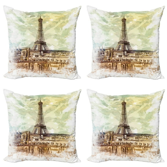 Ambesonne Vintage Throw Pillow Cover 4 Pack, Eiffel Tower Skyline, 24", Brown Beige