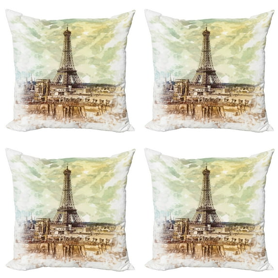 Ambesonne Vintage Throw Pillow Cover 4 Pack, Eiffel Tower Skyline, 24", Brown Beige