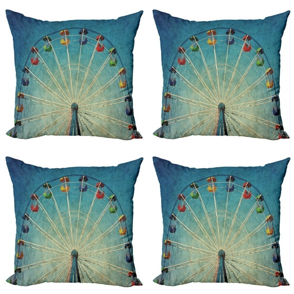 Ambesonne Vintage Throw Pillow Cover 4 Pack, Ferris Wheel Fun Retro, 18", Blue