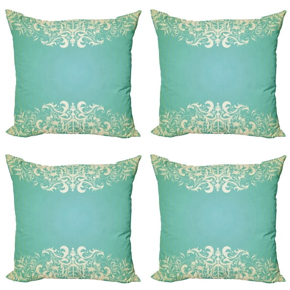 Ambesonne Vintage Throw Pillow Cover 4 Pack, Flora Curlicues, 18", Seafoam Cream