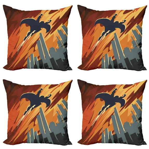Ambesonne Vintage Throw Pillow Cover 4 Pack, Flying Superhero, 20", Red Orange Grey