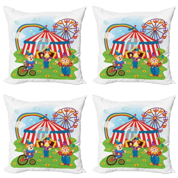 Ambesonne Vintage Throw Pillow Cover 4 Pack, Fun Circus Scene Clowns, 20", Multicolor