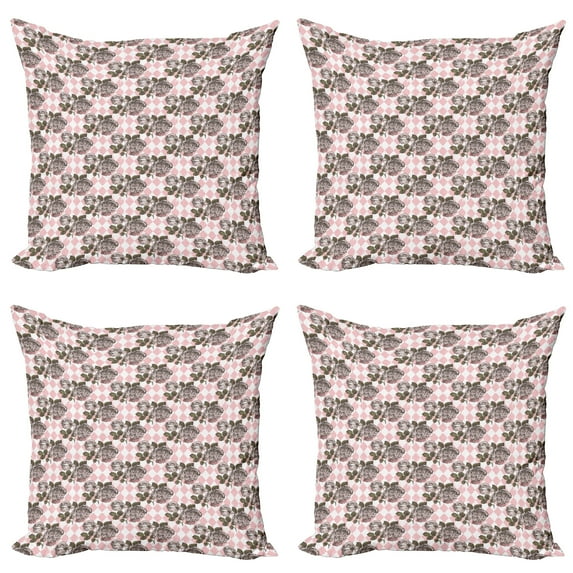 Ambesonne Vintage Throw Pillow Cover 4 Pack, Grunge Engraved Peonies, 18", Pale Pink and White