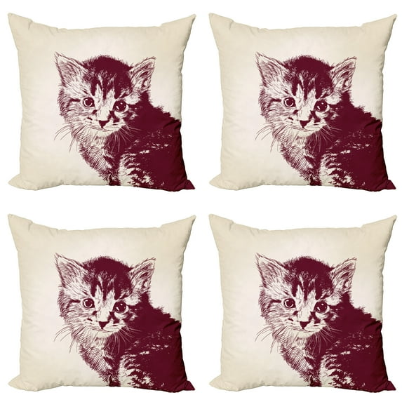 Ambesonne Vintage Throw Pillow Cover 4 Pack, Grunge Retro Kitty Cat, 16", Maroon Cream