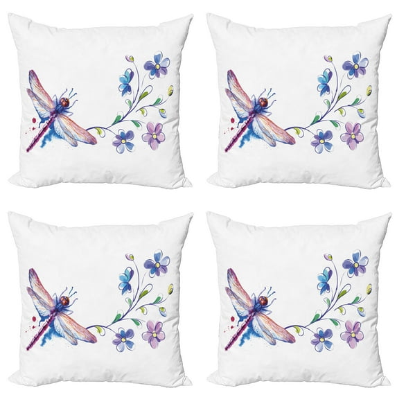 Ambesonne Vintage Throw Pillow Cover 4 Pack, Ivy Flowers Dragonflies, 24", Green Purple and Blue