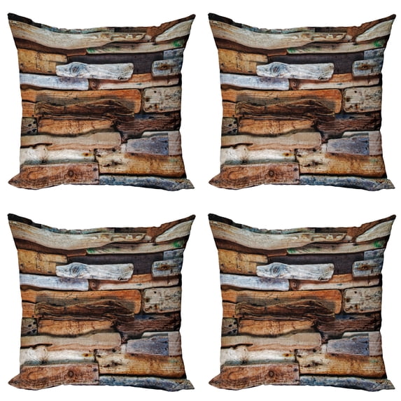 Ambesonne Vintage Throw Pillow Cover 4 Pack, Knotty Planks Vintage, 24", Brown