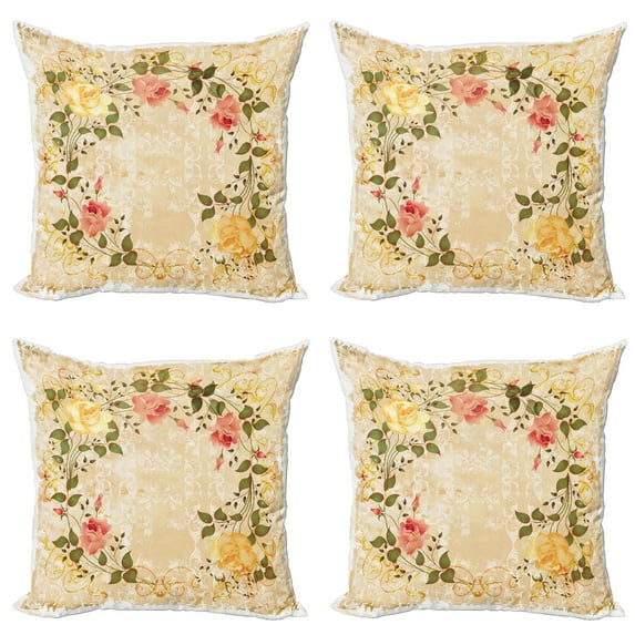 Ambesonne Vintage Throw Pillow Cover 4 Pack, Leaves Roses Floral, 16", Yellow Green Pink