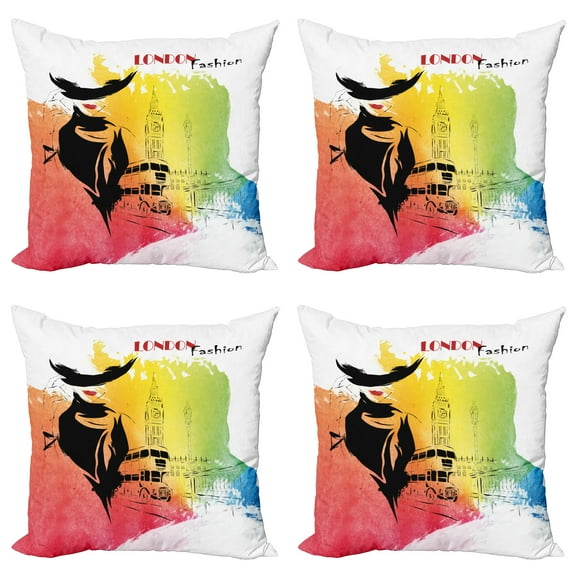 Ambesonne Vintage Throw Pillow Cover 4 Pack, London Fashion Lady, 20", Multicolor