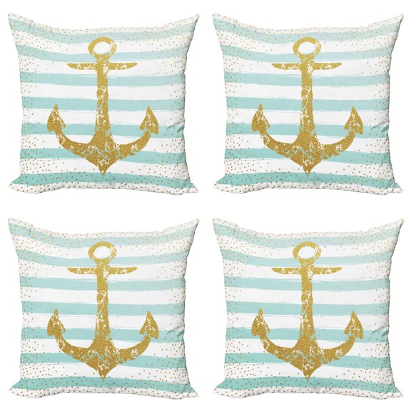 Ambesonne Vintage Throw Pillow Cover 4 Pack, Marine Golden Anchor, 24", Pale Blue White