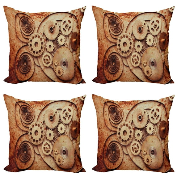 Ambesonne Vintage Throw Pillow Cover 4 Pack, Mechanical Clocks Gears, 16", Dark Orange Beige