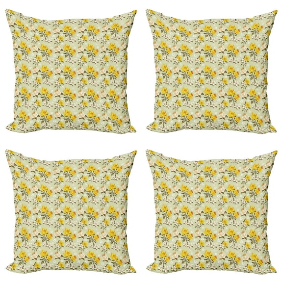 Ambesonne Vintage Throw Pillow Cover 4 Pack, Narcissus Wildflowers, 18", Yellow Cream Pale Green