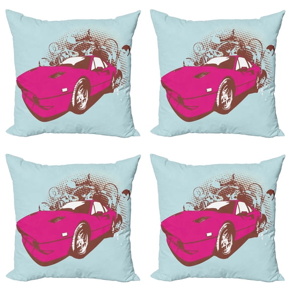 Ambesonne Vintage Throw Pillow Cover 4 Pack, Old Car Cartoon Style, 20", Pale Blue Hot Pink