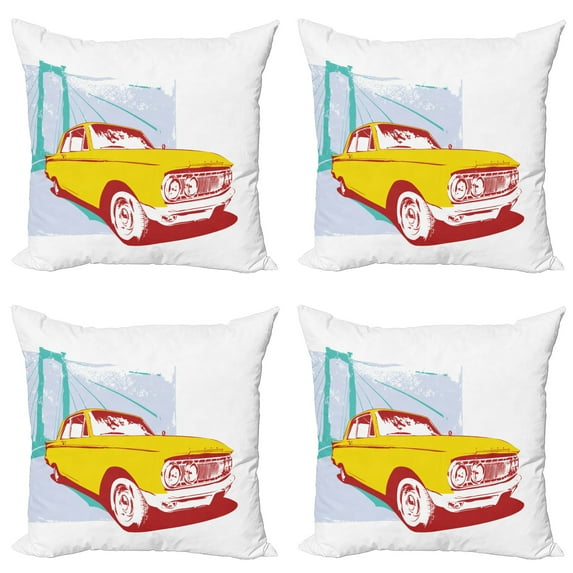 Ambesonne Vintage Throw Pillow Cover 4 Pack, Old Car Grunge Art, 16", Yellow Turquoise