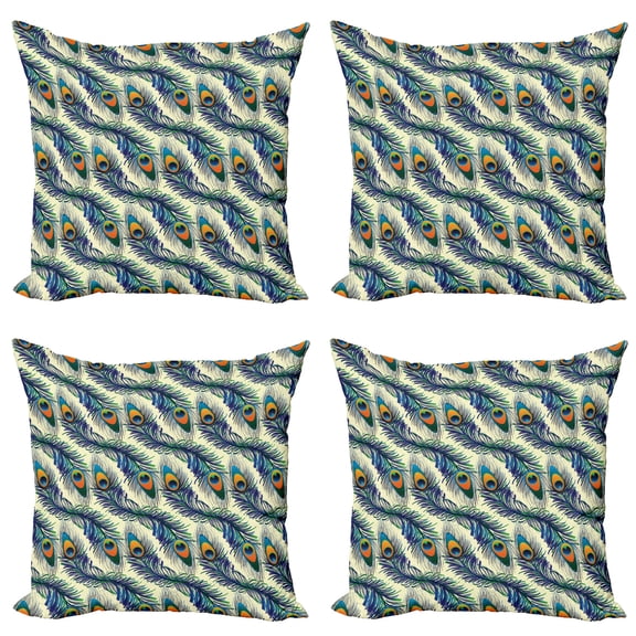 Ambesonne Vintage Throw Pillow Cover 4 Pack, Ornamental Peacock Bird, 20", Navy Blue Green Orange