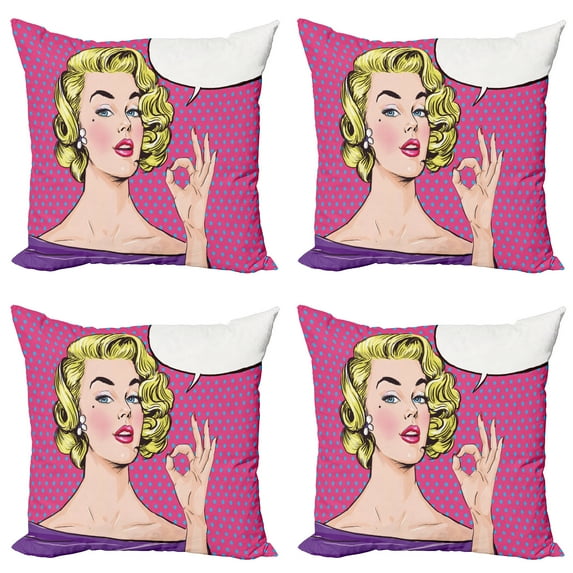 Ambesonne Vintage Throw Pillow Cover 4 Pack, Pop Art Woman OK Sign, 16", Multicolor