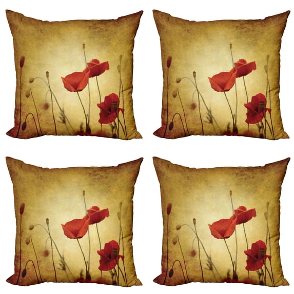 Ambesonne Vintage Throw Pillow Cover 4 Pack, Poppy Flowers Bohemian, 16", Pale Brown Vermilion