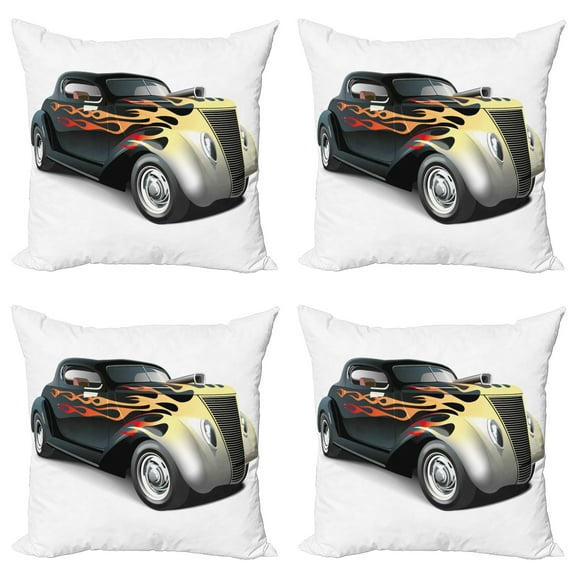 Ambesonne Vintage Throw Pillow Cover 4 Pack, Retro 40s Drag Car, 18", Grey Orange