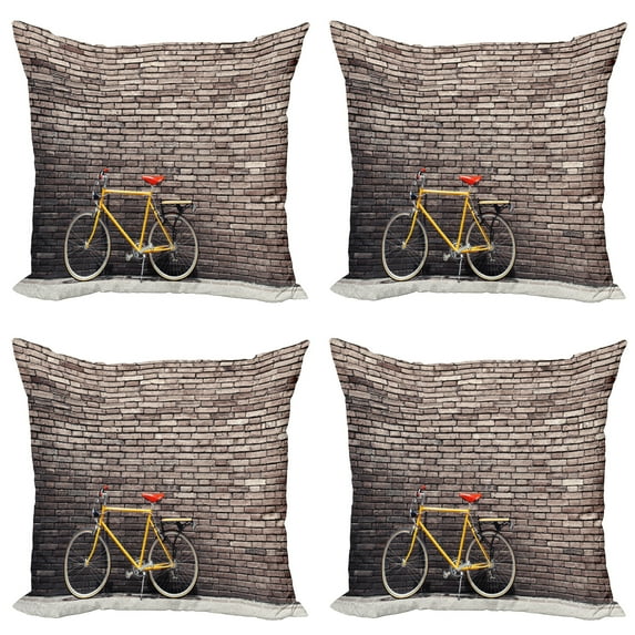 Ambesonne Vintage Throw Pillow Cover 4 Pack, Retro Bicycle on Wall, 18", Grey Yellow Red