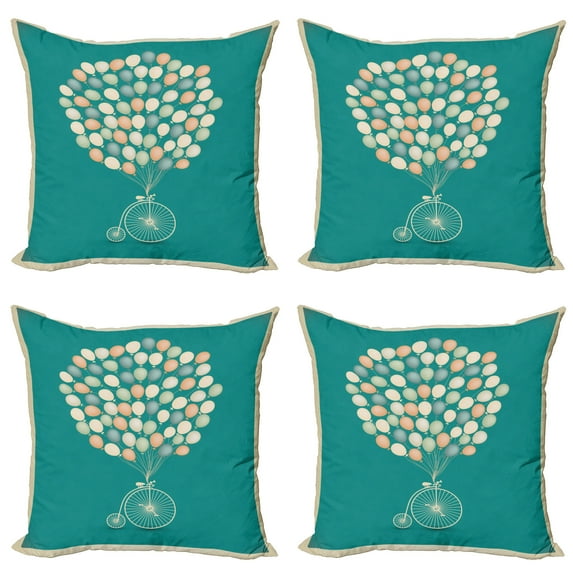 Ambesonne Vintage Throw Pillow Cover 4 Pack, Retro Bike with Baloons, 16", Multicolor