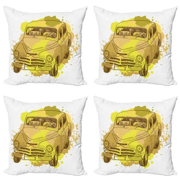 Ambesonne Vintage Throw Pillow Cover 4 Pack, Retro Car Splash, 24", Green Mustard