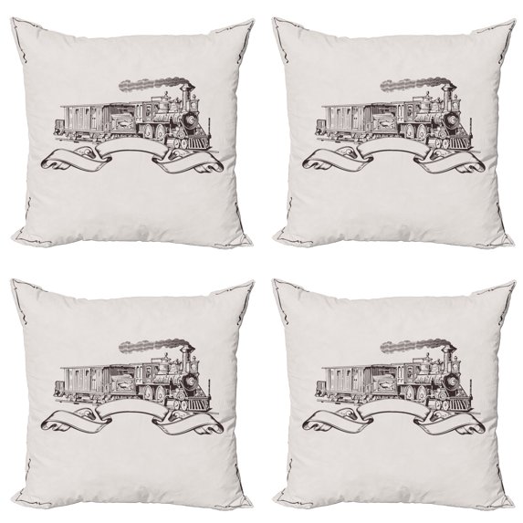 Ambesonne Vintage Throw Pillow Cover 4 Pack, Retro Locomotive, 16", Cream and Black