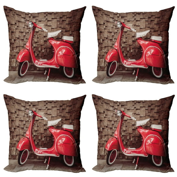 Ambesonne Vintage Throw Pillow Cover 4 Pack, Retro Nostalgic Scooter, 18", Red Umber