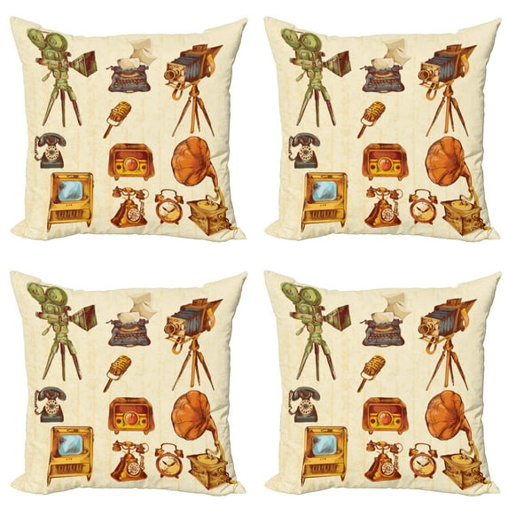 Ambesonne Vintage Throw Pillow Cover 4 Pack, Retro Old Technology, 20", Cream and Pale Caramel