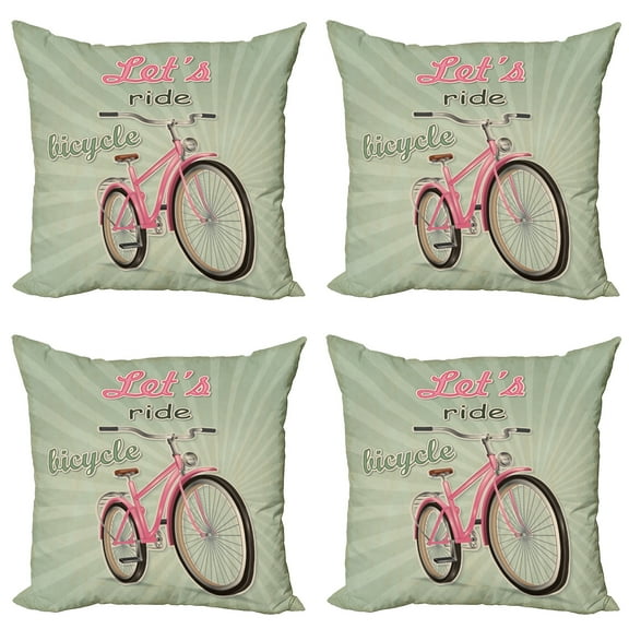 Ambesonne Vintage Throw Pillow Cover 4 Pack, Retro Pop Art Bike, 18", Green Pink