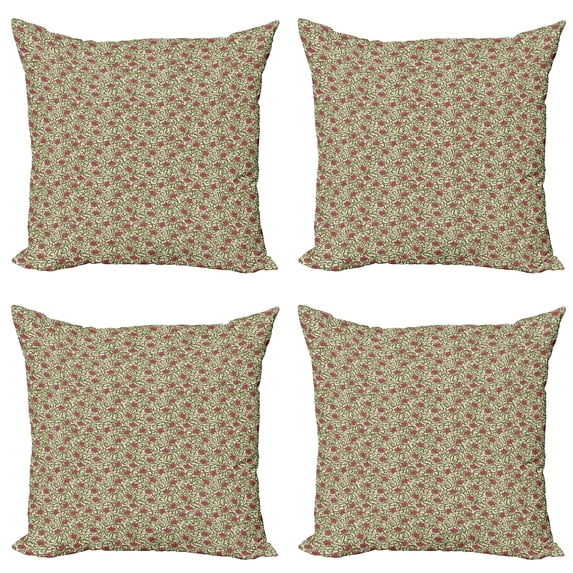 Ambesonne Vintage Throw Pillow Cover 4 Pack, Retro Style Abstract Flower, 16", Olive Green Eggshell