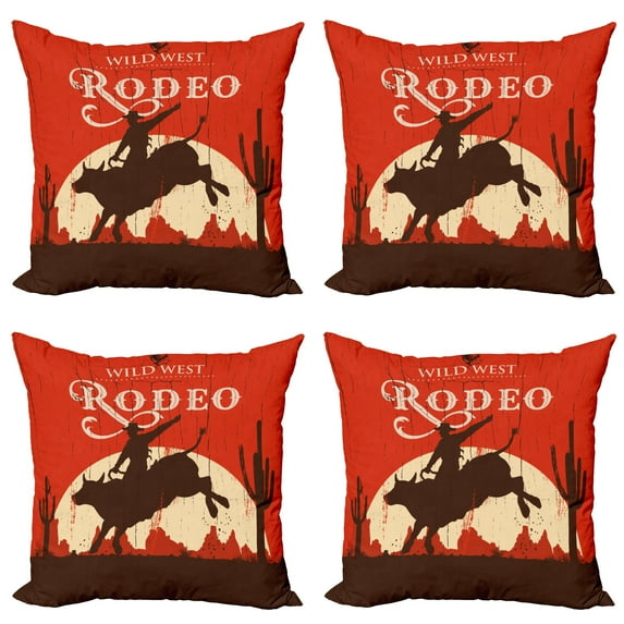 Ambesonne Vintage Throw Pillow Cover 4 Pack, Rodeo Cowboy Rides Bull, 24", Orange Brown