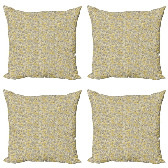 Ambesonne Vintage Throw Pillow Cover 4 Pack, Romantic Blooming Roses, 16", Earth Yellow and Beige