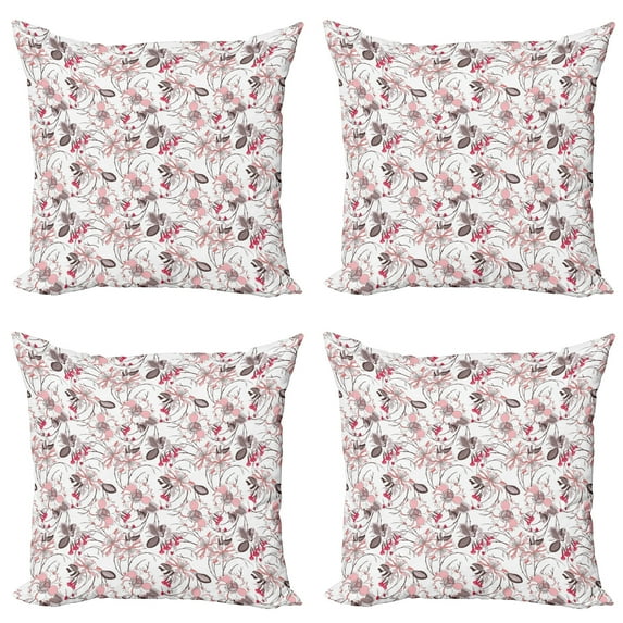 Ambesonne Vintage Throw Pillow Cover 4 Pack, Romantic Floral Blossom, 18", Pale Pink Warm Taupe