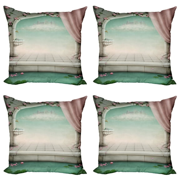 Ambesonne Vintage Throw Pillow Cover 4 Pack, Royal Balcony Imaginary, 24", Mint Green Rose Coconut