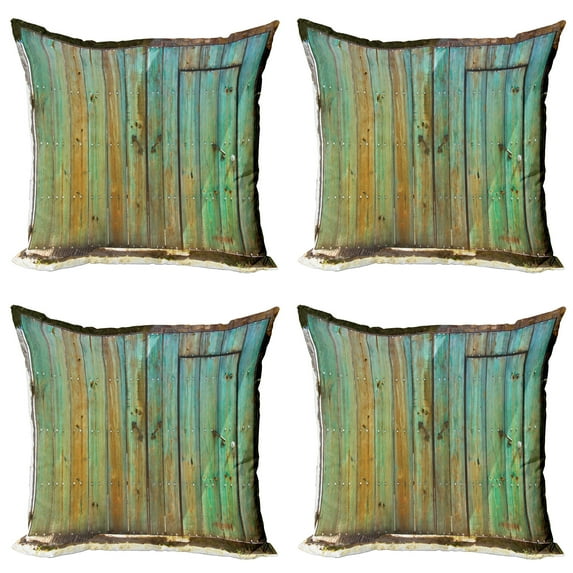 Ambesonne Vintage Throw Pillow Cover 4 Pack, Rustic Old Wooden Door Look, 18", Brown and Mint