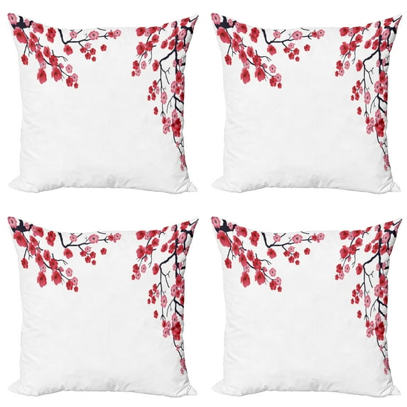 Ambesonne Vintage Throw Pillow Cover 4 Pack, Sakura Branch Petal, 24", Pink White Dark Purple